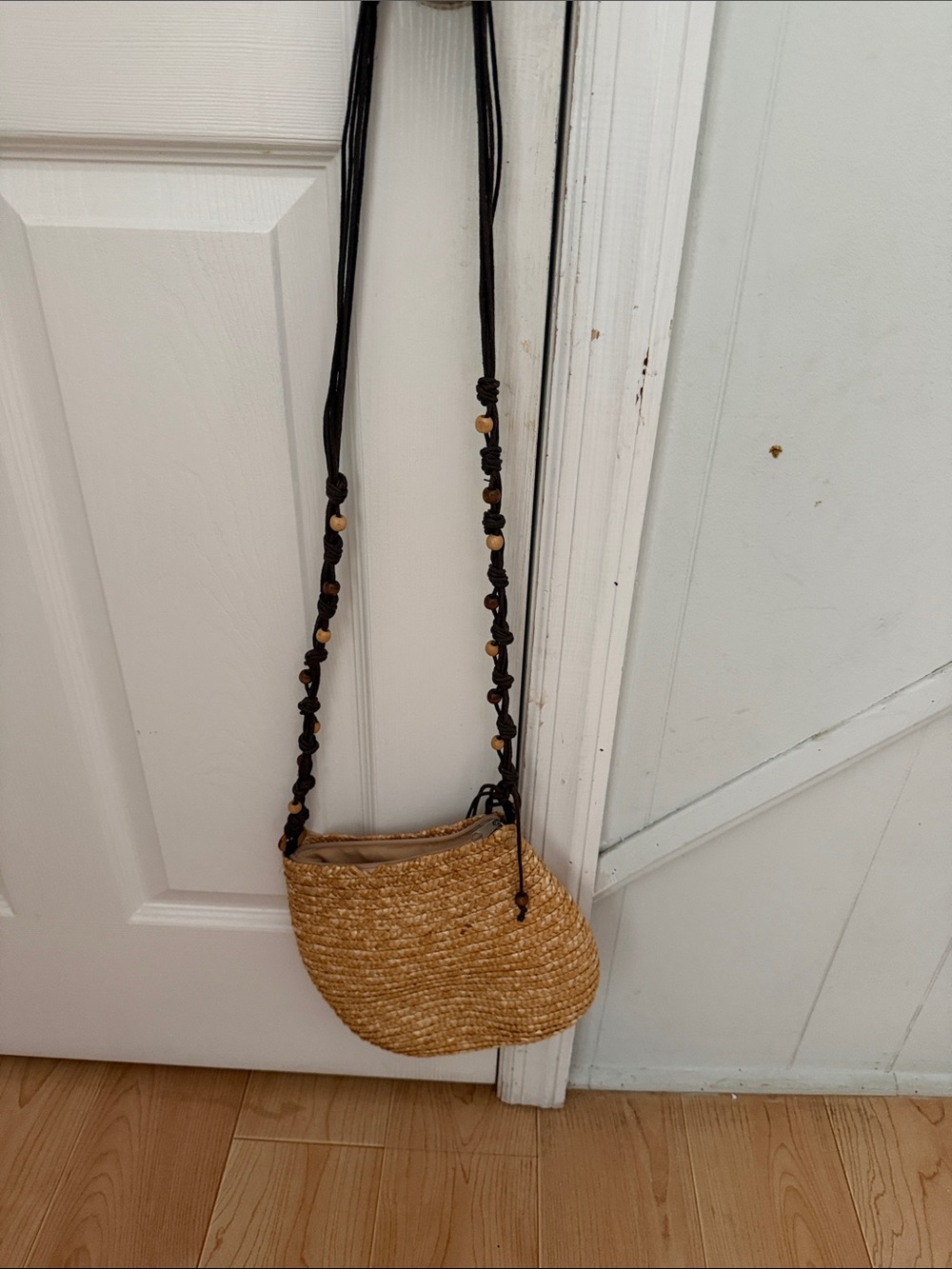 Straw Crossbody Bag with Beaded Black Strap - Natural